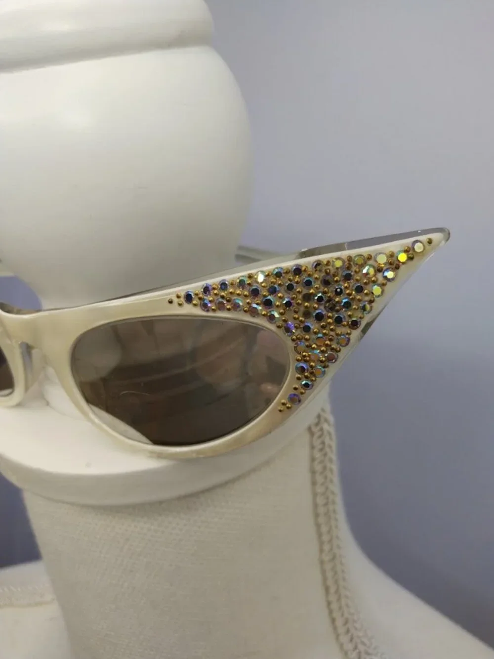 Vintage Cat Eye Sunglasses White Frame France Rhinestone Mirrored Lenses 60s Mod